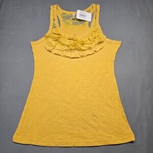 Zona Libre Women Tank Size L Yellow Mustard Preppy Floral Ruffle Rhinestone Lace